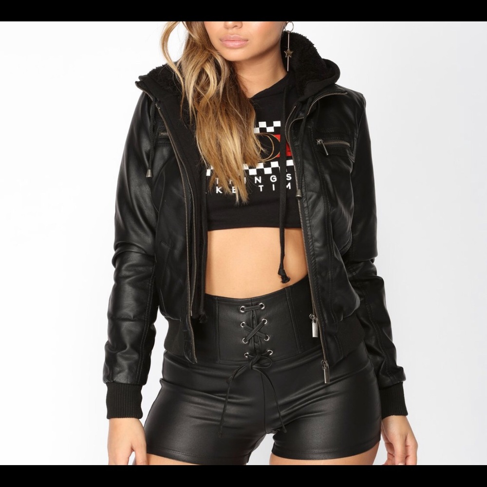 Black faux leather jacket, fur interior & hoodie